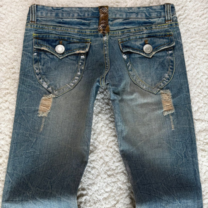 Silver Waxed Python Detailed Bootcut Lace Up Jeans