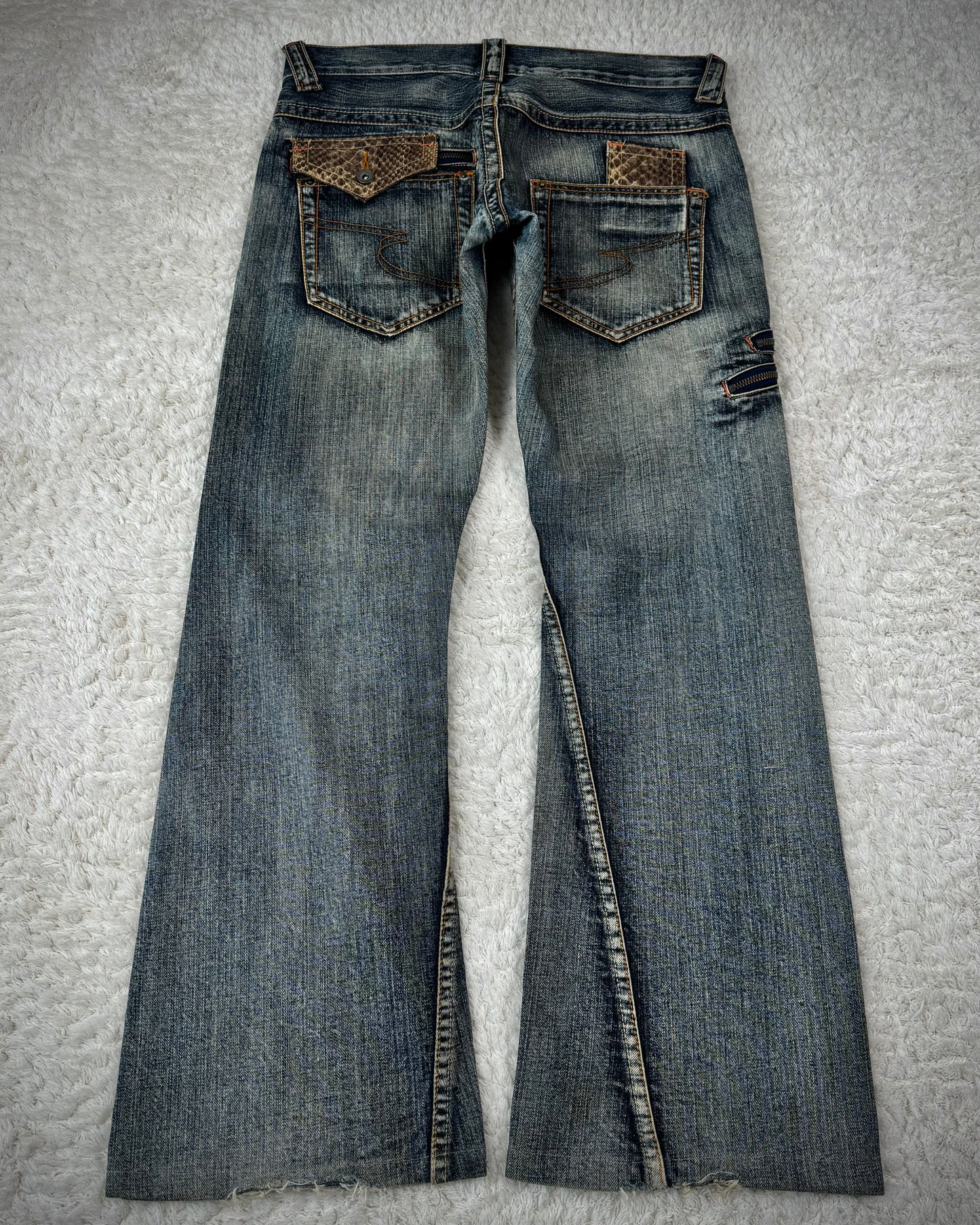 Semantic Design Mud Washed Python Detailed Flared Jeans