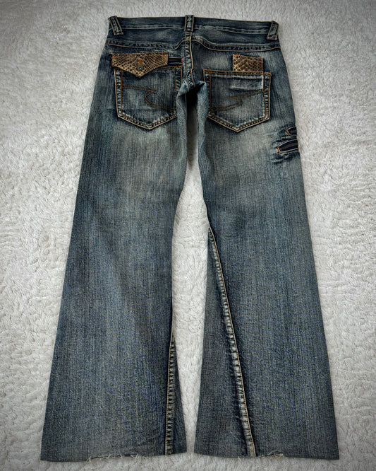 Semantic Design Mud Washed Python Detailed Flared Jeans