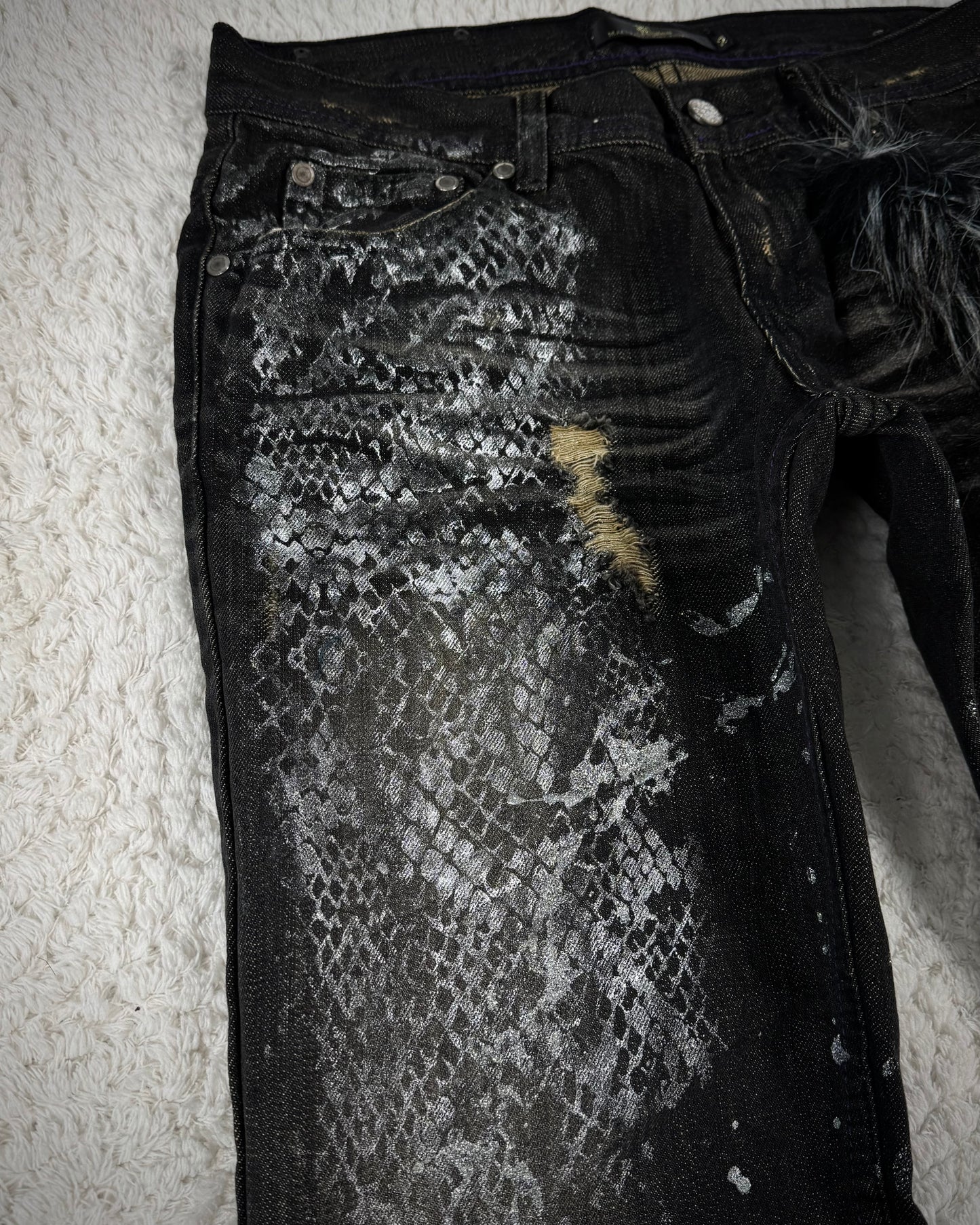Midas Silver Python Waxed Fur Attachment Bootcut Jeans