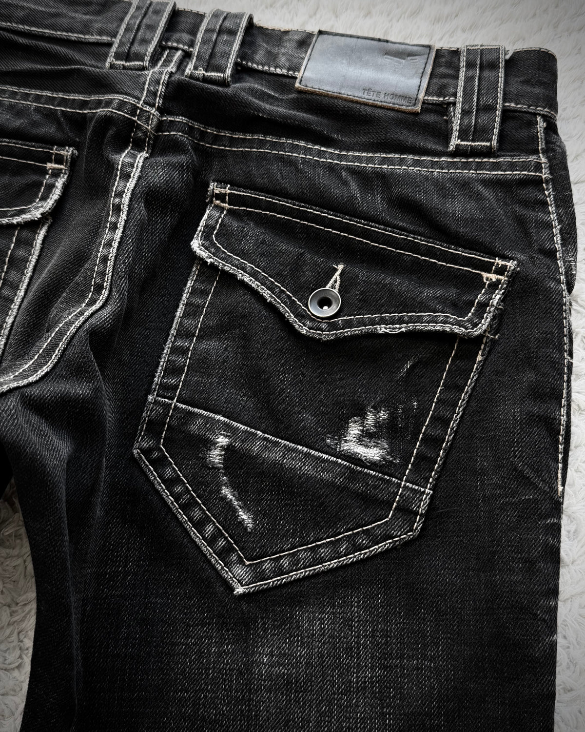 Tete Homme Repaired Distressing Whiskered Flared Jeans