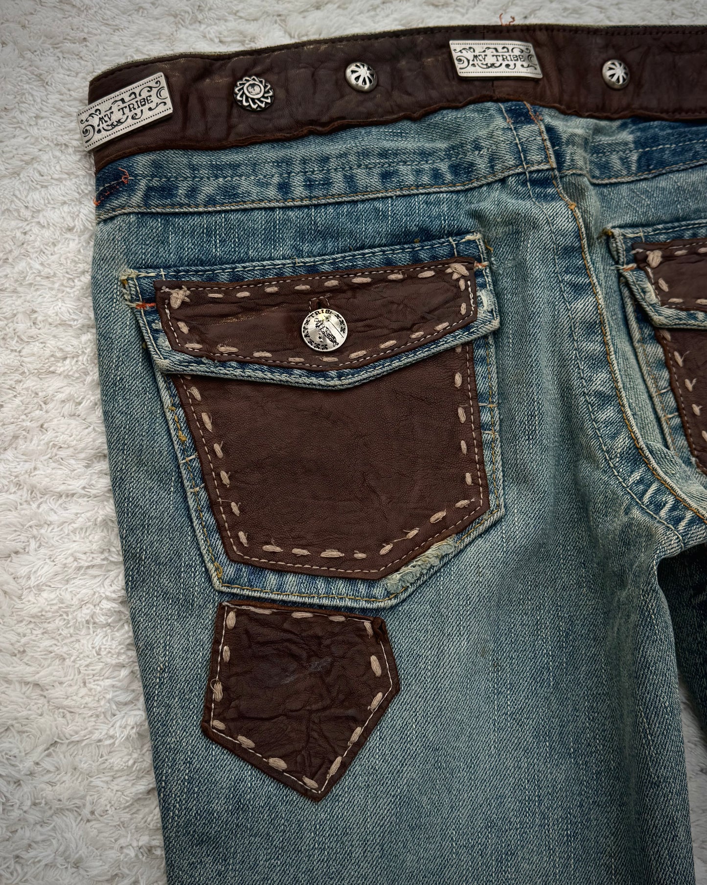 My Tribe Western Belted Steel Detailed Leather Repairs Flared Jeans