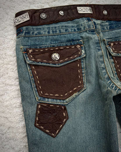 My Tribe Western Belted Steel Detailed Leather Repairs Flared Jeans