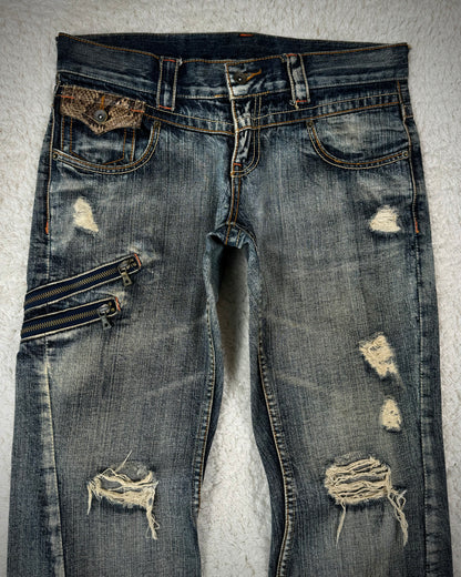 Semantic Design Mud Washed Python Detailed Flared Jeans