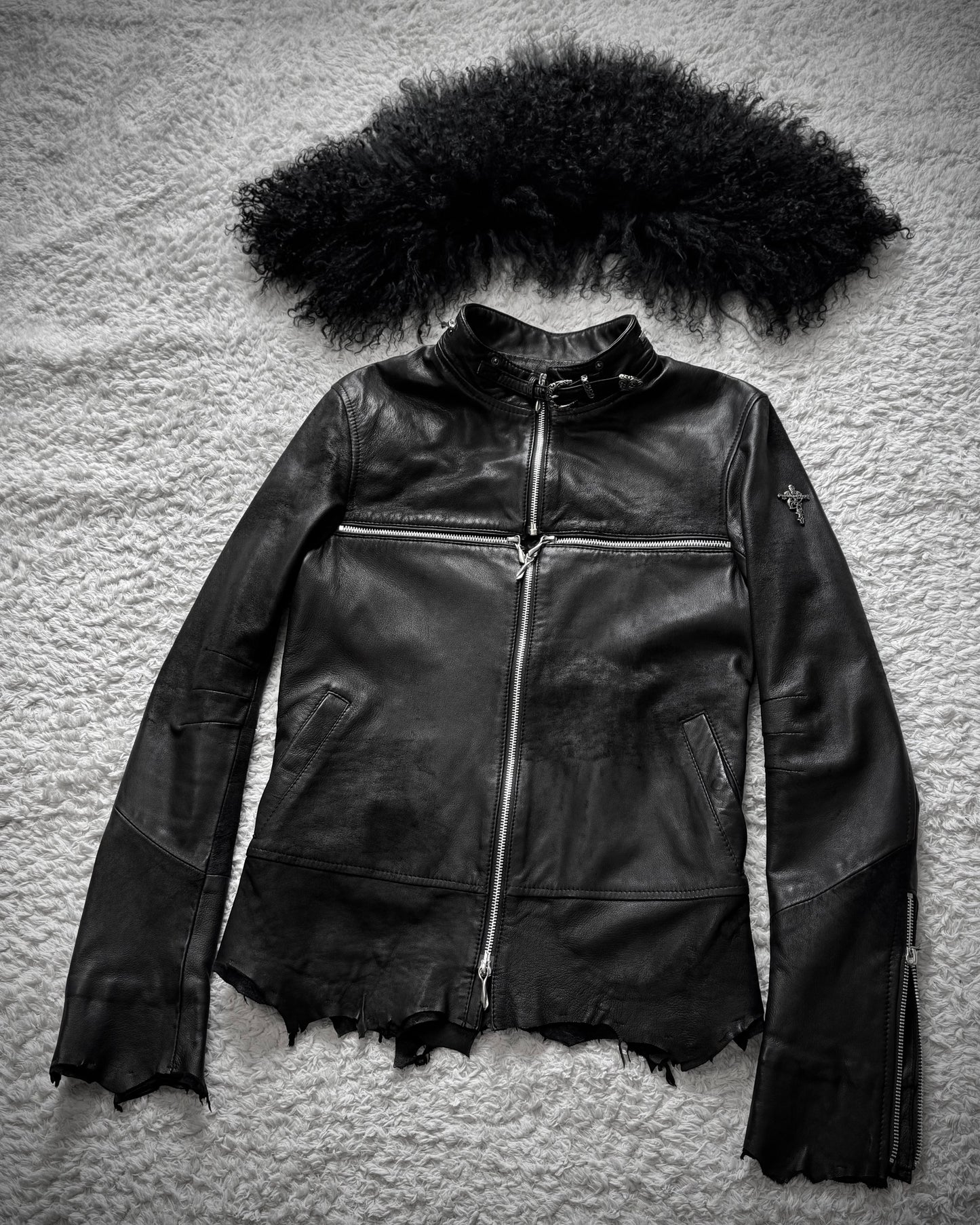 14th Addiction Mouton Fur Cross Zip Leather Jacket