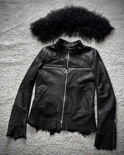 14th Addiction Mouton Fur Cross Zip Leather Jacket