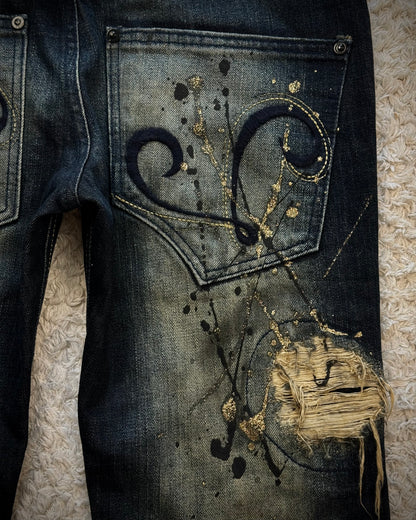 Lagust Mud Washed Gold Splatter Distressed Bootcut Denim