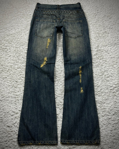 Midas Studded Double Waisted Lace Up Flared Jeans