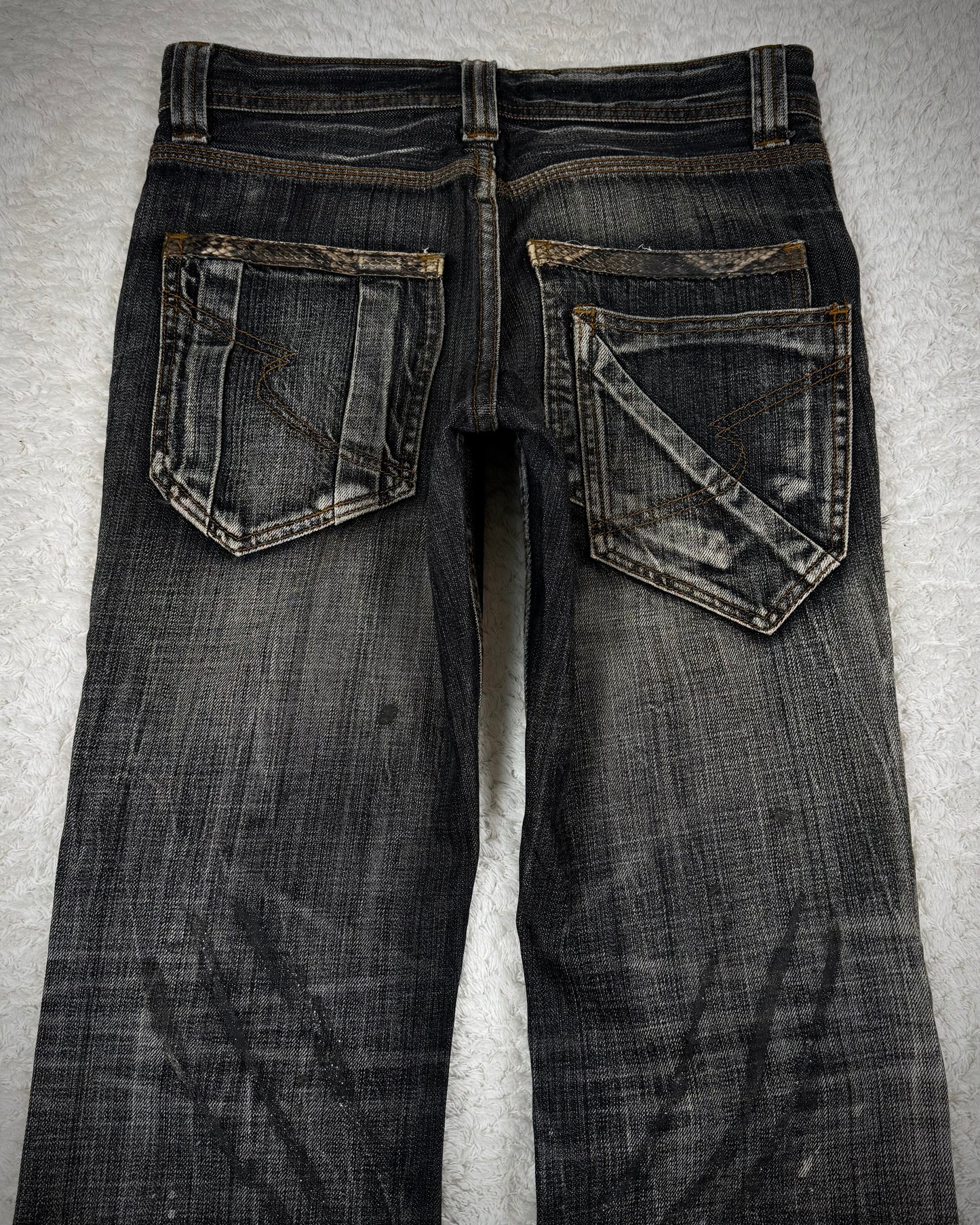 Semantic Design Clawmark Washed Python Detailed Bootcut Denim