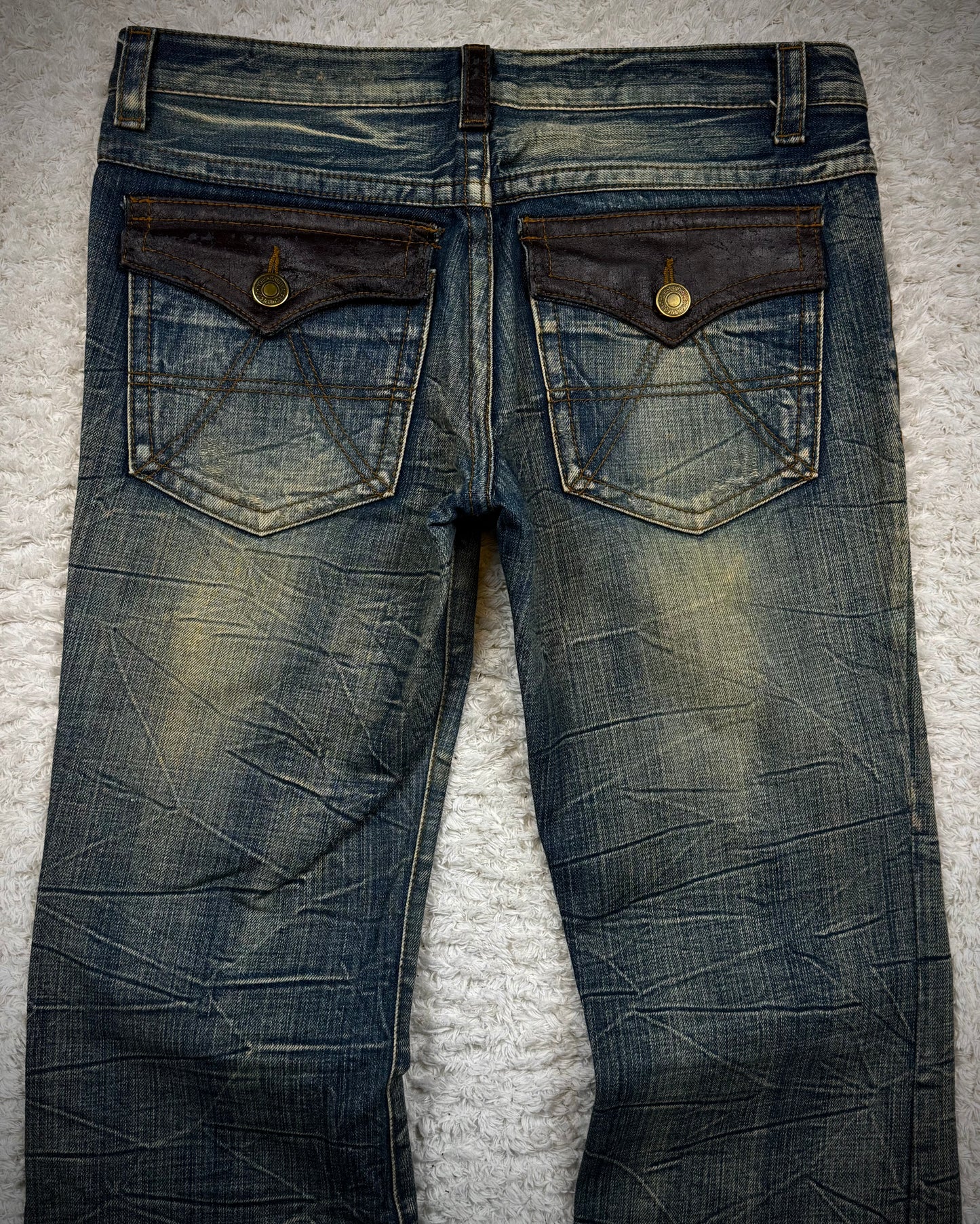 Agate Label Muddy Honeycomb Washed Leather Detailed Flared Jeans