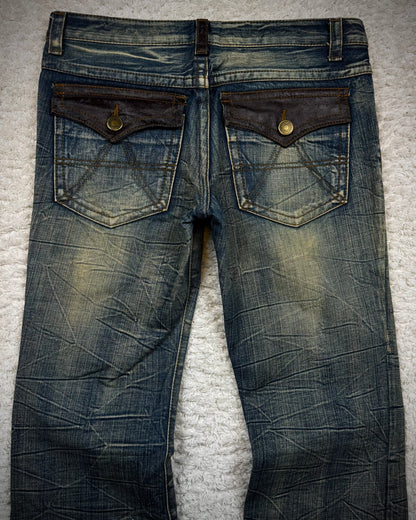 Agate Label Muddy Honeycomb Washed Leather Detailed Flared Jeans