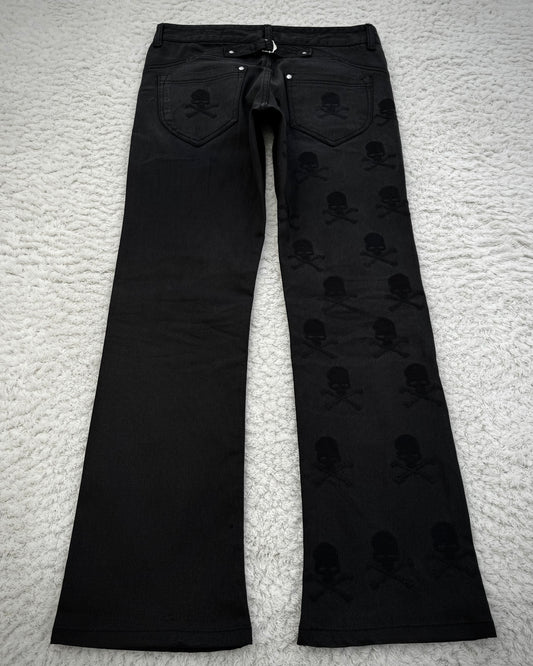 Semantic Design Skull Embroideries Waxed Bootcut Pants