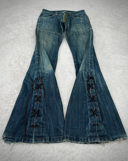 Tornado Mart Vintage Mud Washed Lace Up Flared Jeans
