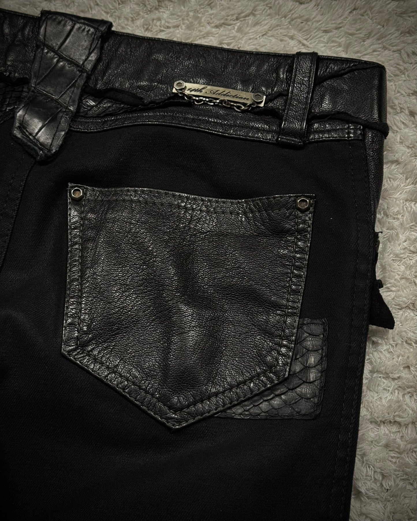 14th Addiction “Coyote 03” Python Leather Repaired Flared Pants