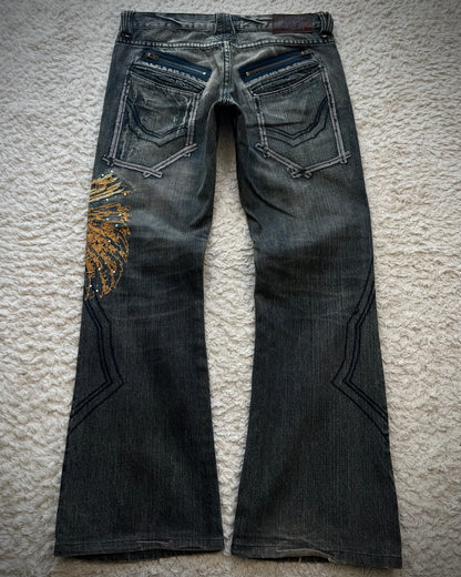 Tornado Mart Tribe Skull Embroidery Flared Jeans