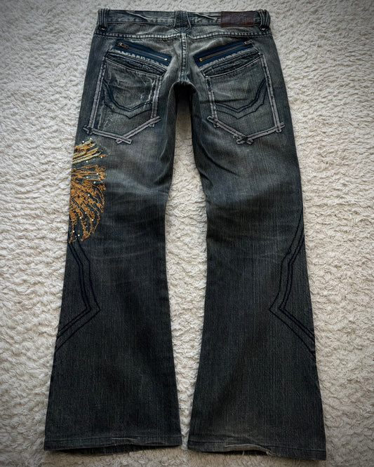 Tornado Mart Tribe Skull Embroidery Flared Jeans