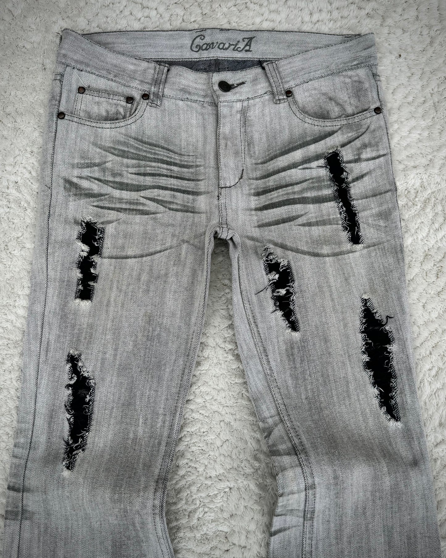 CavariA Ash Claw Marks Washed Distressed Flared Jeans