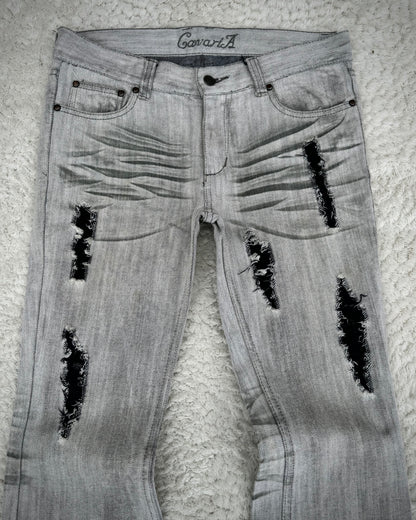 CavariA Ash Claw Marks Washed Distressed Flared Jeans