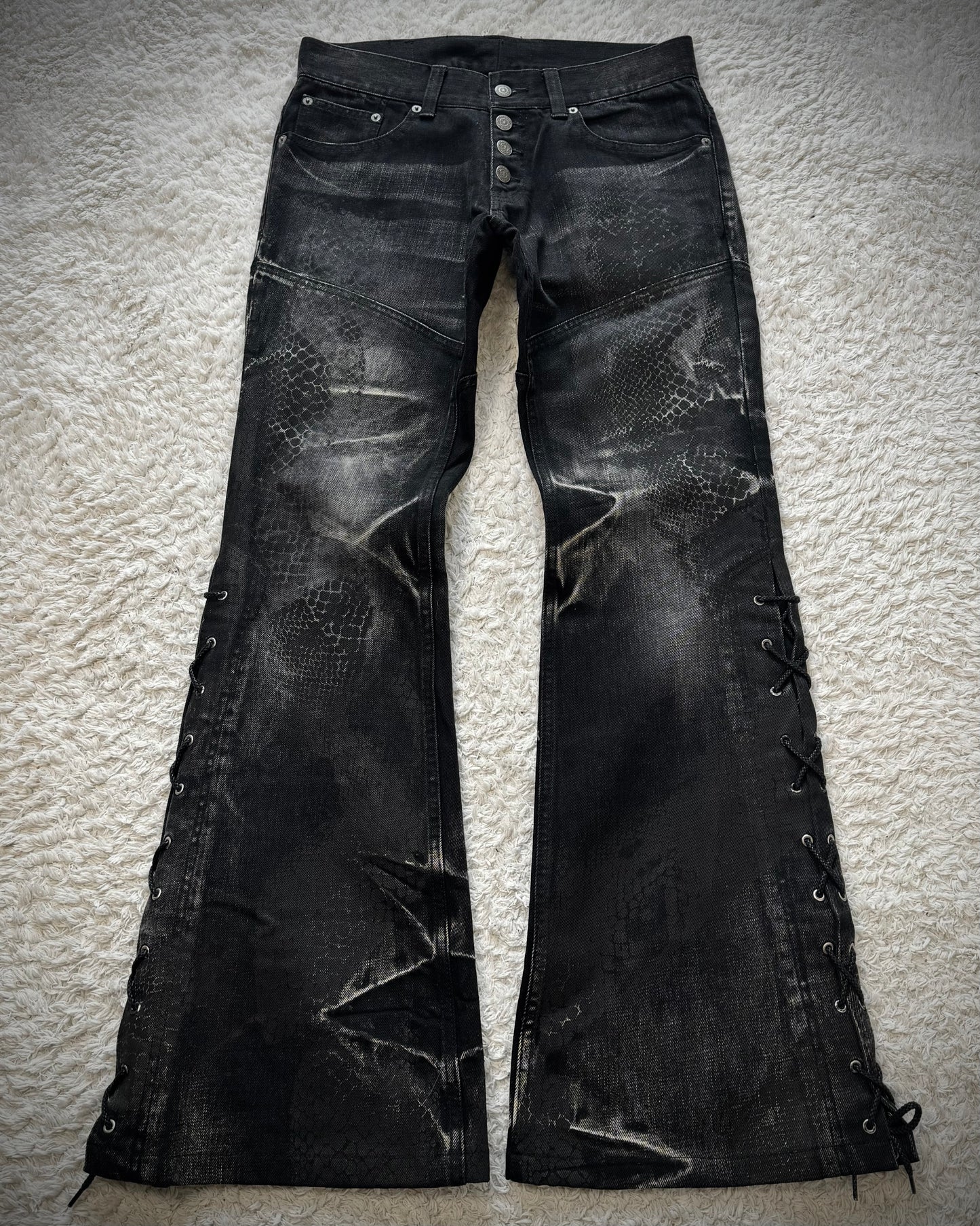 Tornado Mart Python Coated Lace Up Flared Jeans