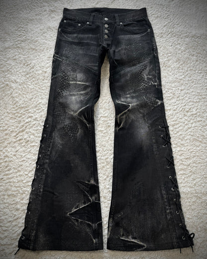 Tornado Mart Python Coated Lace Up Flared Jeans