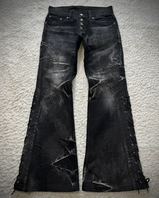 Tornado Mart Python Coated Lace Up Flared Jeans