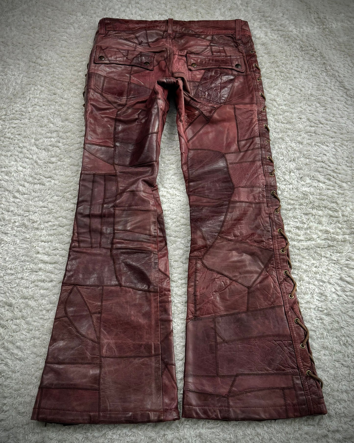 Tornado Mart Oxblood Scar Stitched Leather Patchwork Lace Up Flared Pants