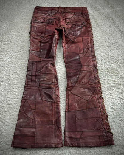 Tornado Mart Oxblood Scar Stitched Leather Patchwork Lace Up Flared Pants