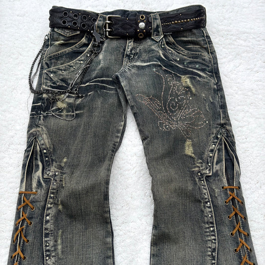 Tornado Mart Butterfly Bell Bottom Flared Lace-Up Jeans