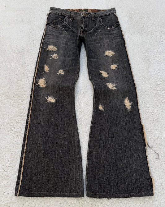 Obelisk Fringe Distressed Flared Jeans