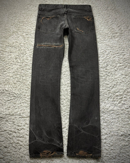 Slow Gun Mud Washed Stitch Repaired Distressed Slim Cut Denim