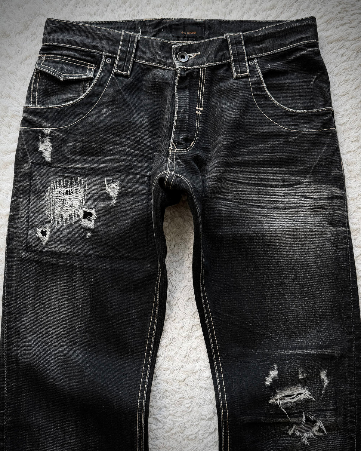 Tete Homme Repaired Distressing Whiskered Flared Jeans