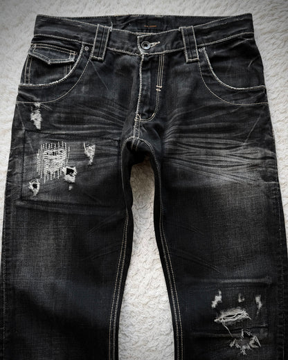 Tete Homme Repaired Distressing Whiskered Flared Jeans