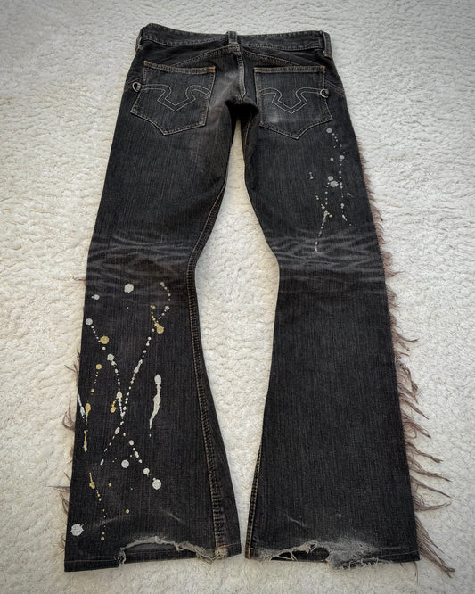 Obelisk Fringed Paint Splatter Flared Jeans