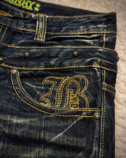 Buzz Spunky Double Waisted Lace Up Studded Flared Jeans