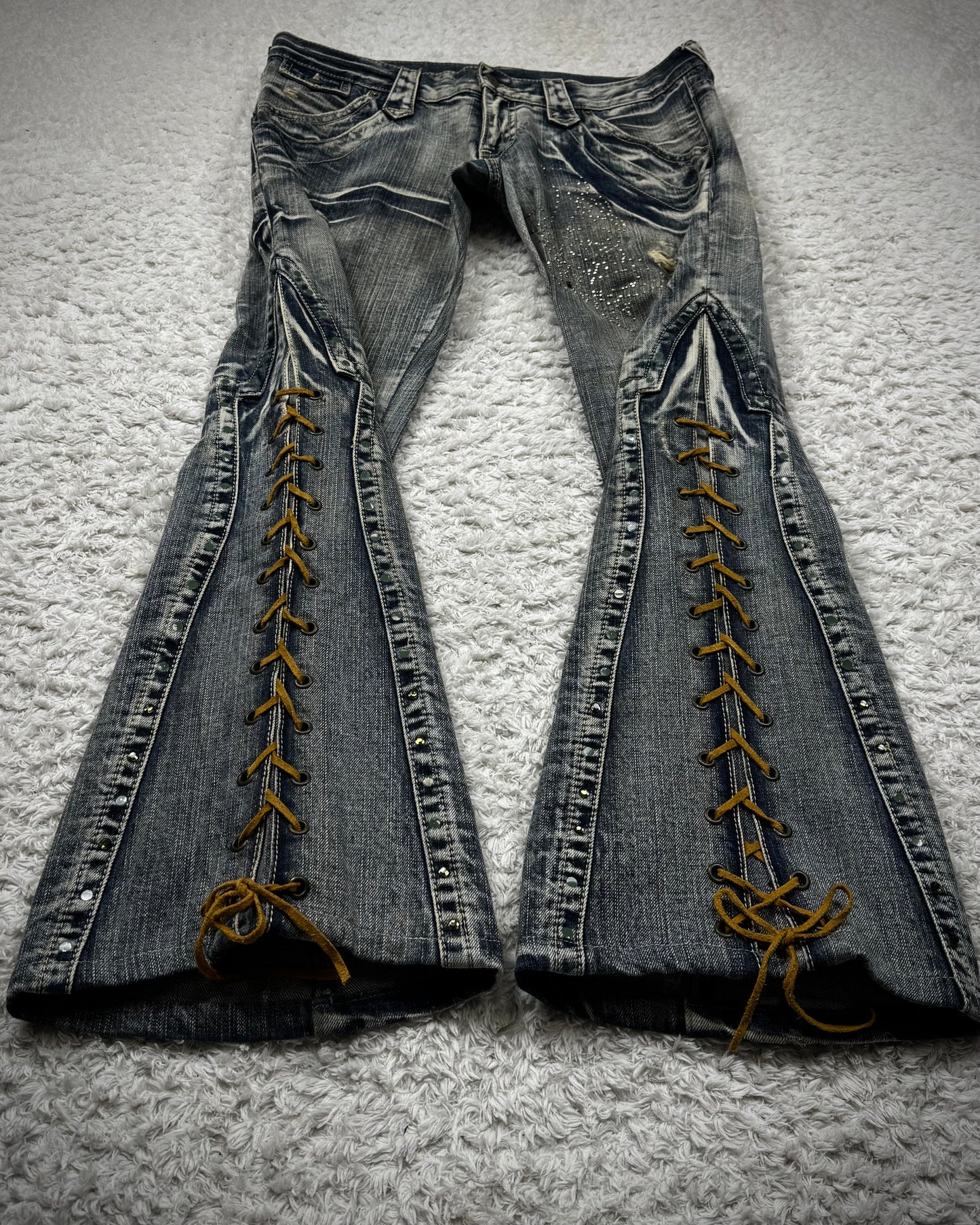 Tornado Mart Crystal Decorated Lace Up Flared Jeans