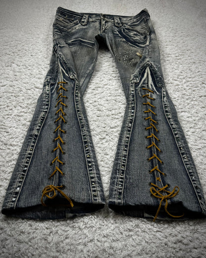 Tornado Mart Crystal Decorated Lace Up Flared Jeans
