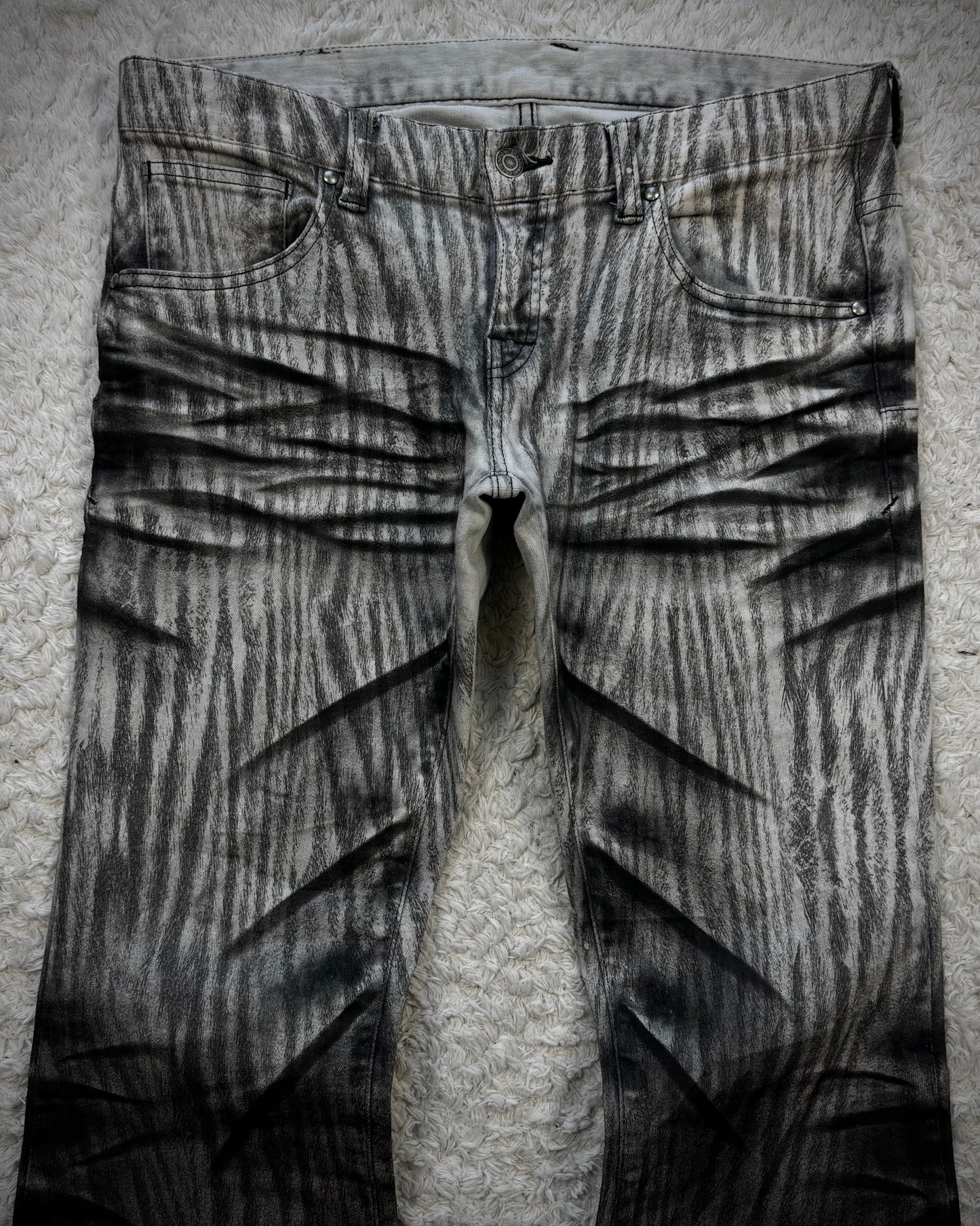 Tornado Mart Zebra Clawmarks Coated Flared Jeans