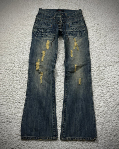 Midas Studded Double Waisted Lace Up Flared Jeans