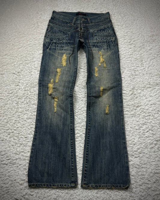 Midas Studded Double Waisted Lace Up Flared Jeans