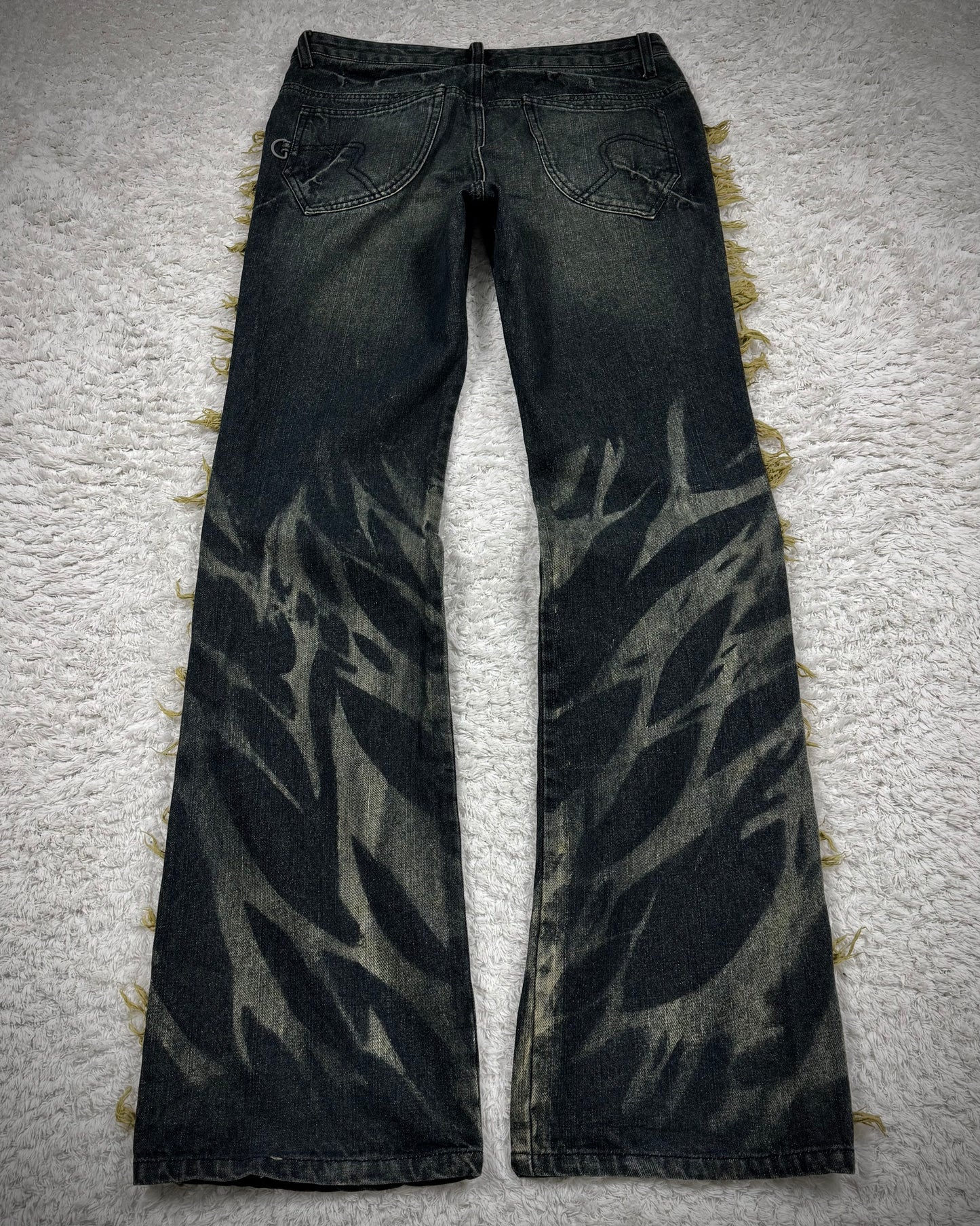 Black Baccara Fringed Zebra Washed Flared Jeans