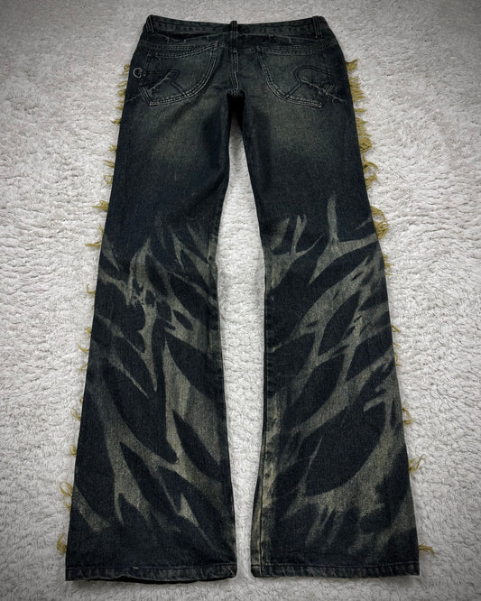 Black Baccara Fringed Zebra Washed Flared Jeans
