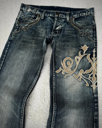 Tornado Mart Tribal Embroidery Spiral Flared Jeans