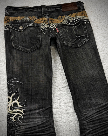 Tornado Mart Cyber Tribal Embroidery Flared Jeans