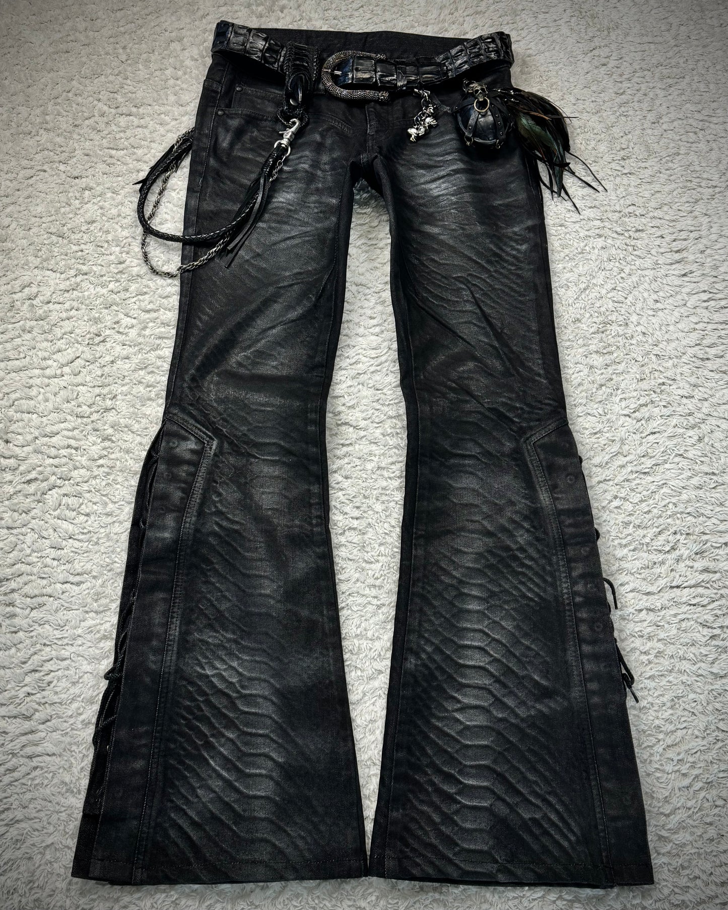 Tornado Mart Oil Coated Python Pattern Lace Up Flared Jeans