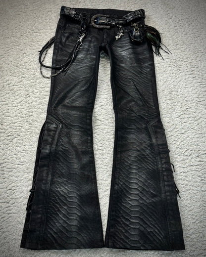 Tornado Mart Oil Coated Python Pattern Lace Up Flared Jeans