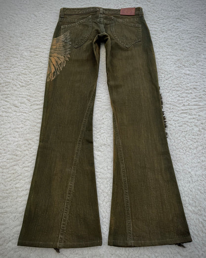 Obelisk Fringed Mud Washed Lace Up Flared Jeans