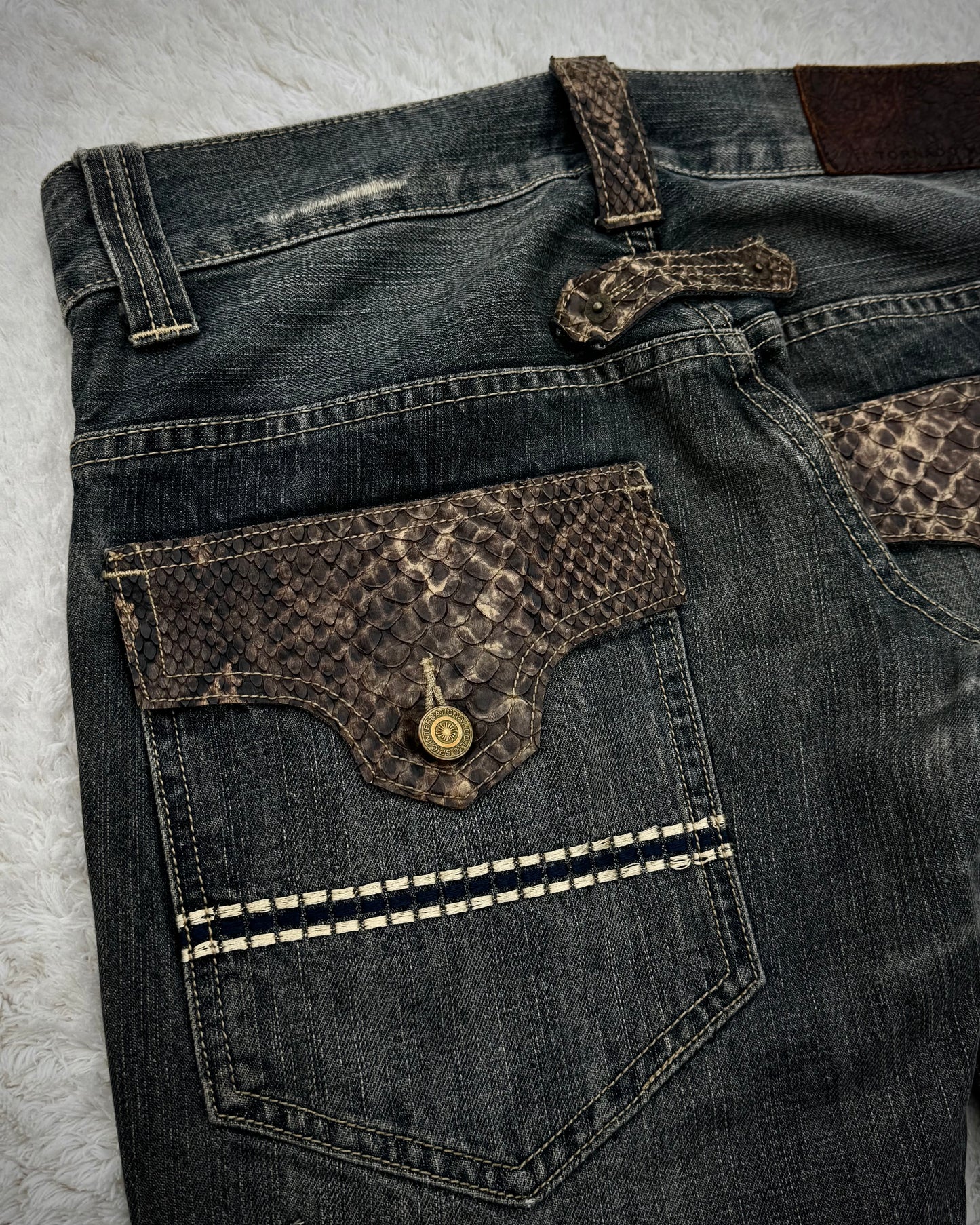 Tornado Mart Python Detailed Distressed Flared Jeans