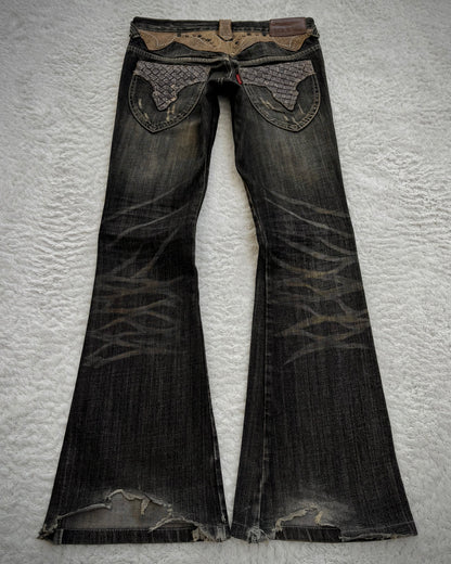 Tornado Mart Western Studded Leather Panels Flared Jeans