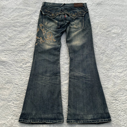 Tornado Mart Mud Wash Tribal Embroidery Flared Jeans