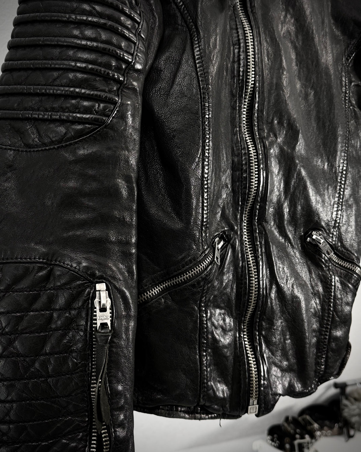 Tigha Ribbed Leather Biker Jacket